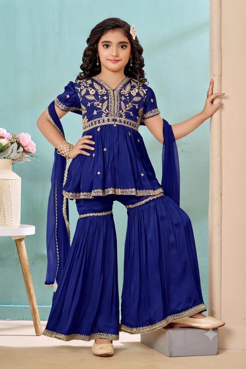 Royal Blue Embroidered Satin A Line Kids Salwar Suit