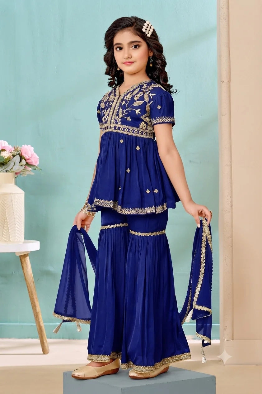 Royal Blue Embroidered Satin A Line Kids Salwar Suit