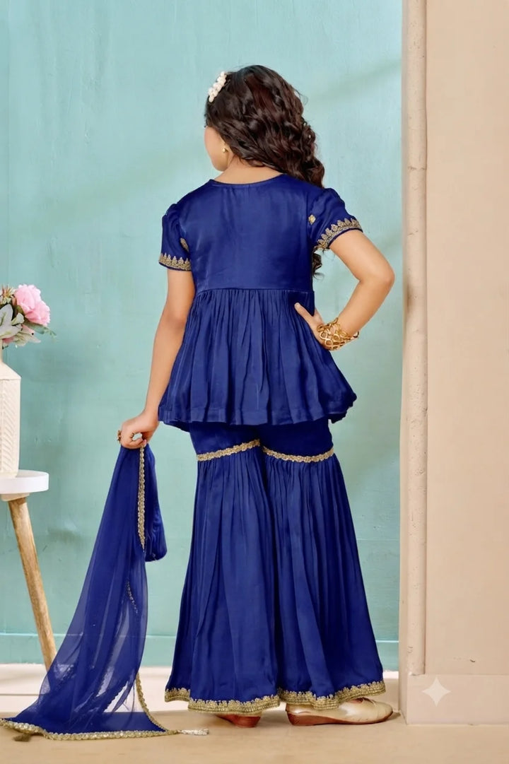 Royal Blue Embroidered Satin A Line Kids Salwar Suit