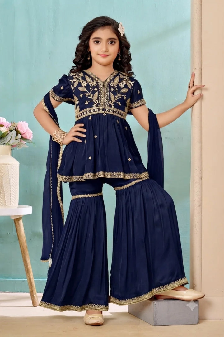Navy Blue Embroidered Satin A Line Kids Salwar Suit