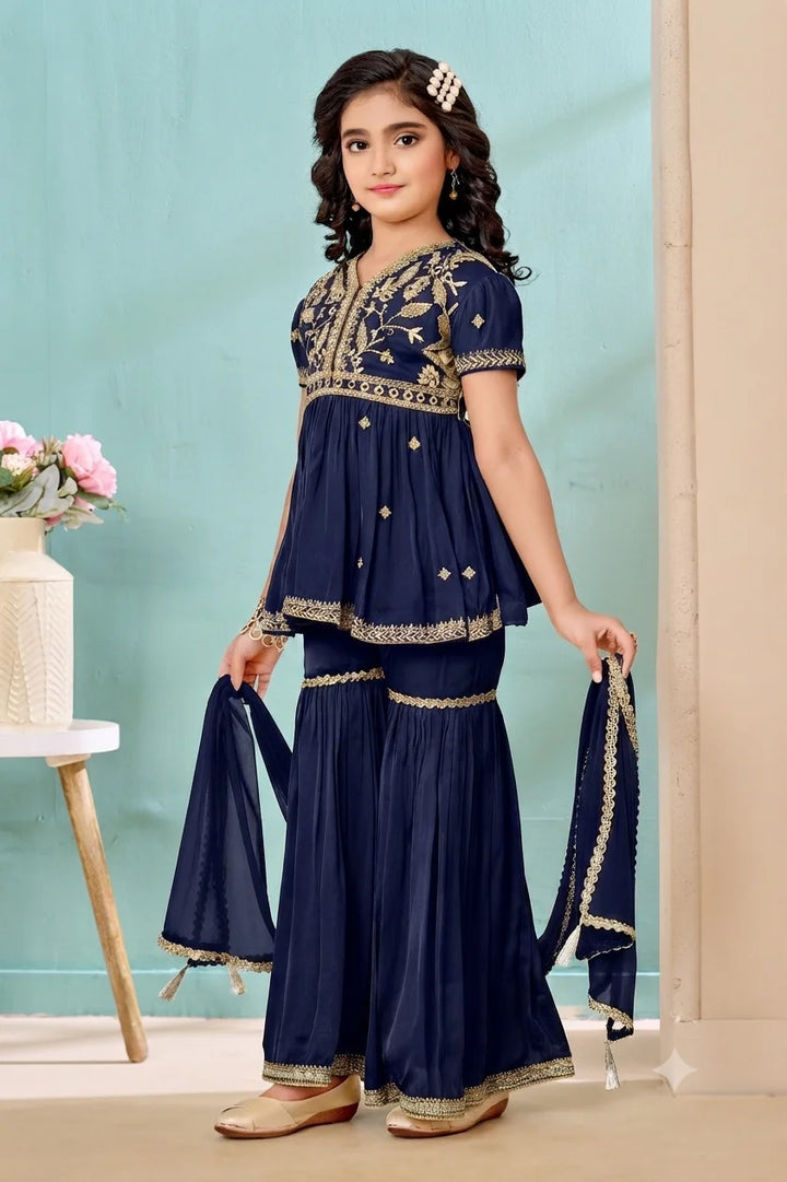 Navy Blue Embroidered Satin A Line Kids Salwar Suit