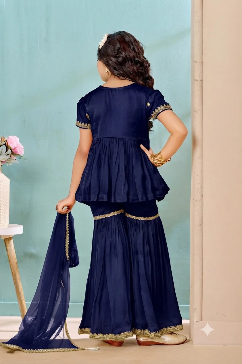 Navy Blue Embroidered Satin A Line Kids Salwar Suit