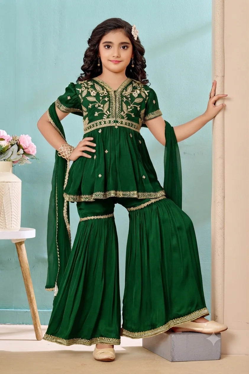 Green Embroidered Satin A Line Kids Salwar Suit
