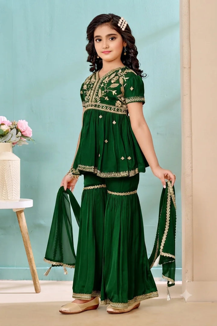 Green Embroidered Satin A Line Kids Salwar Suit