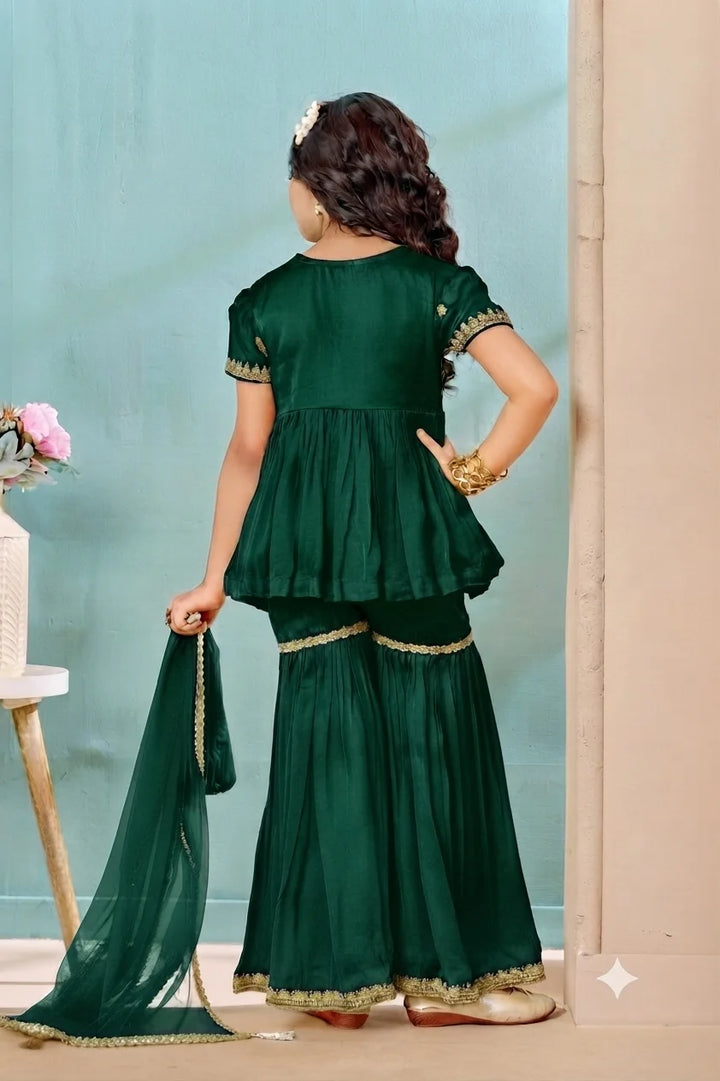 Green Embroidered Satin A Line Kids Salwar Suit