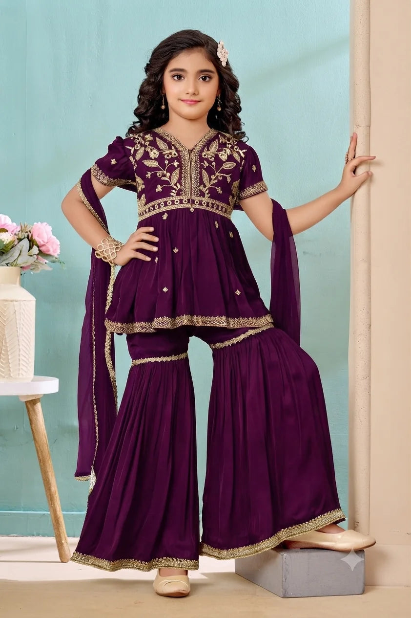 Purple Embroidered Satin A Line Kids Salwar Suit