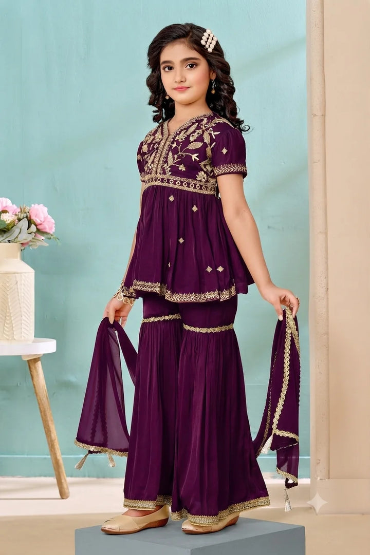 Purple Embroidered Satin A Line Kids Salwar Suit