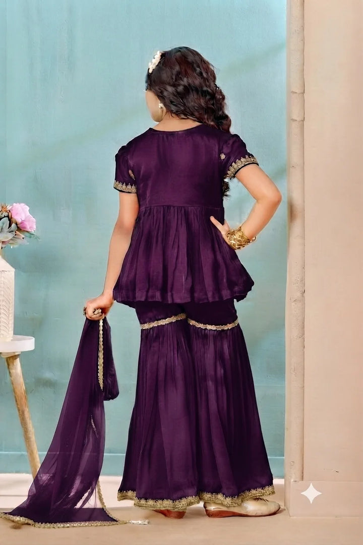 Purple Embroidered Satin A Line Kids Salwar Suit
