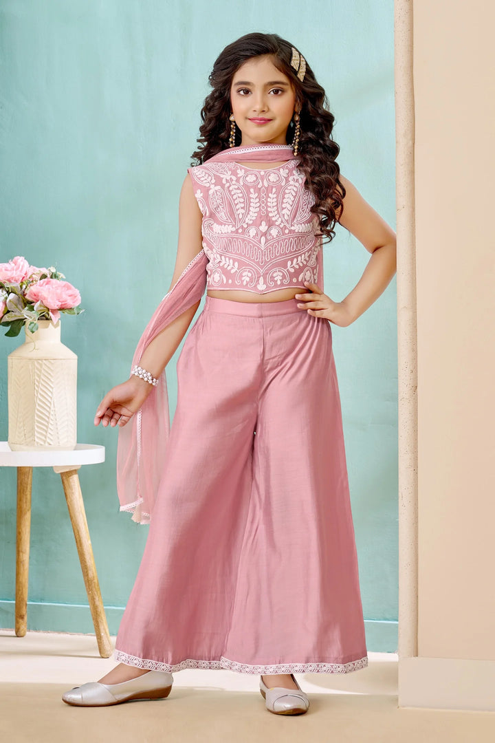 Pink Embroidered Art Silk Straight Kids Salwar Suit