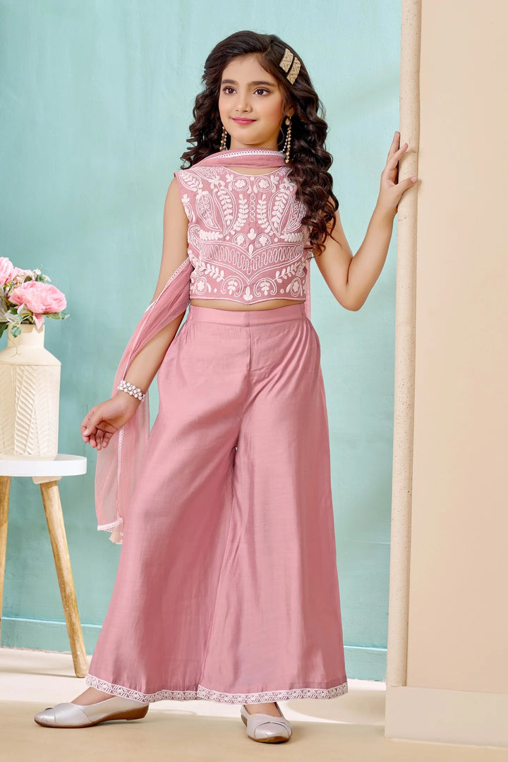 Pink Embroidered Art Silk Straight Kids Salwar Suit