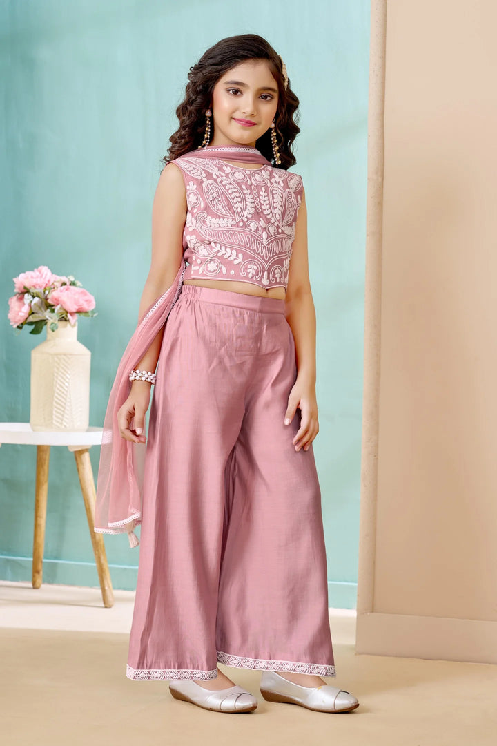 Pink Embroidered Art Silk Straight Kids Salwar Suit