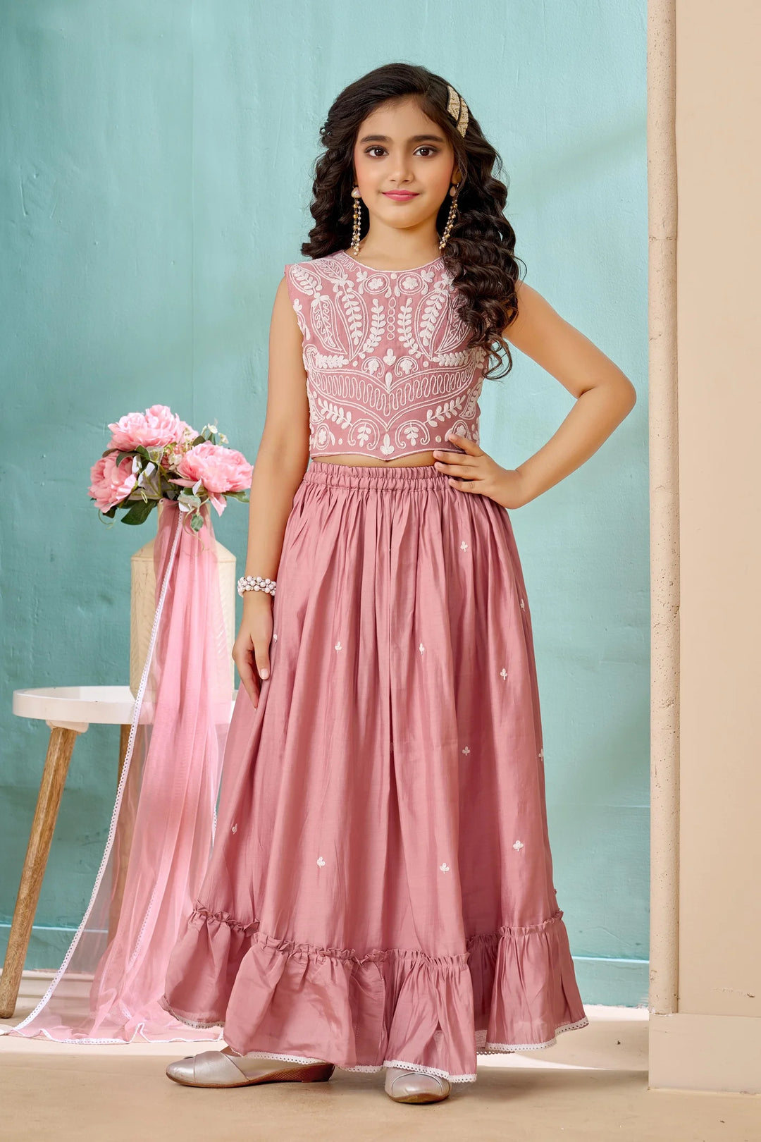 Pink Thread Embroidery Art Silk A Line Lehenga Choli Dupatta
