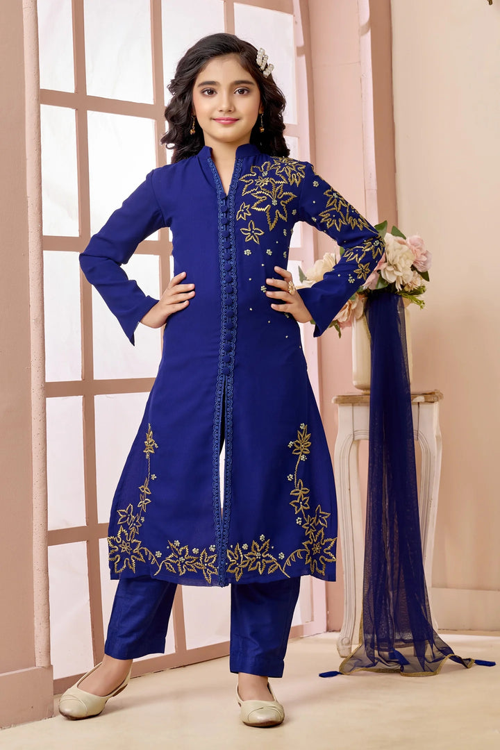 Royal Blue Hand Embroidery Faux Georgette Straight Cut Kids Salwar Suits