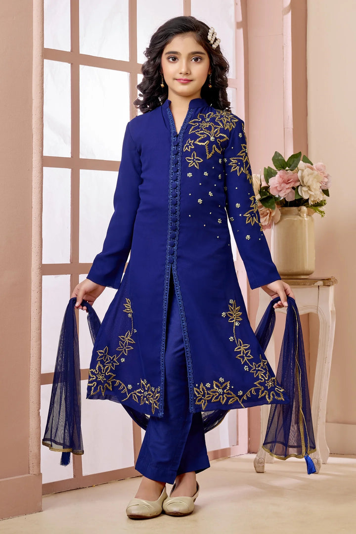 Royal Blue Hand Embroidery Faux Georgette Straight Cut Kids Salwar Suits