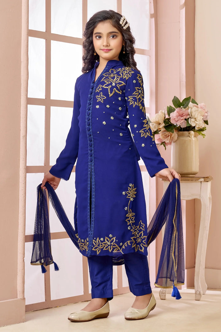 Royal Blue Hand Embroidery Faux Georgette Straight Cut Kids Salwar Suits