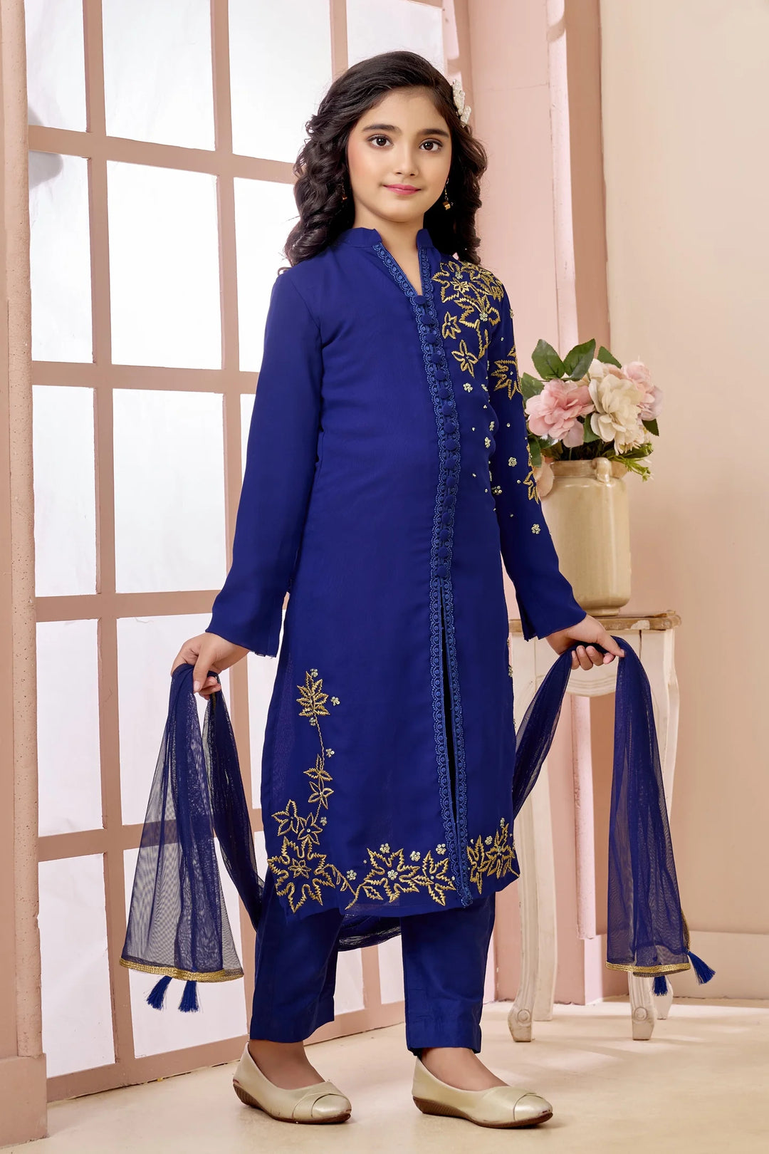 Royal Blue Hand Embroidery Faux Georgette Straight Cut Kids Salwar Suits