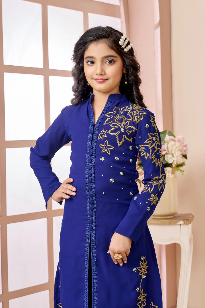 Royal Blue Hand Embroidery Faux Georgette Straight Cut Kids Salwar Suits