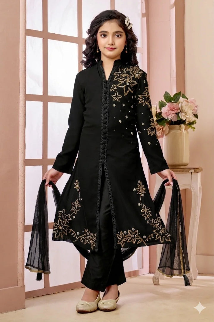 Black Hand Embroidery Faux Georgette Straight Cut Kids Salwar Suits