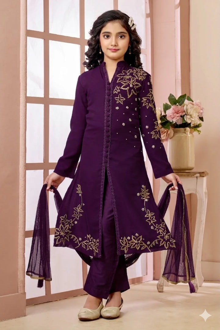 Purple Hand Embroidery Faux Georgette Straight Cut Kids Salwar Suits