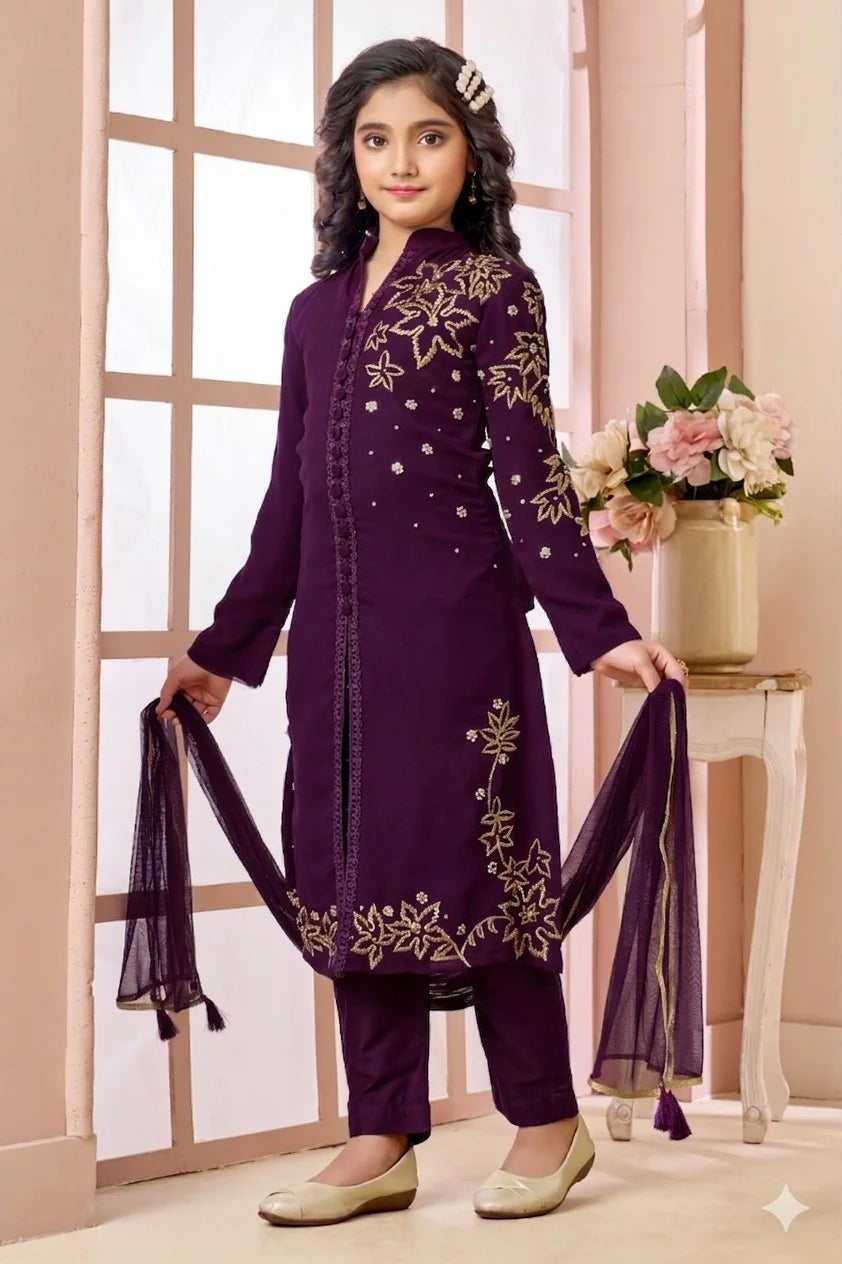Purple Hand Embroidery Faux Georgette Straight Cut Kids Salwar Suits