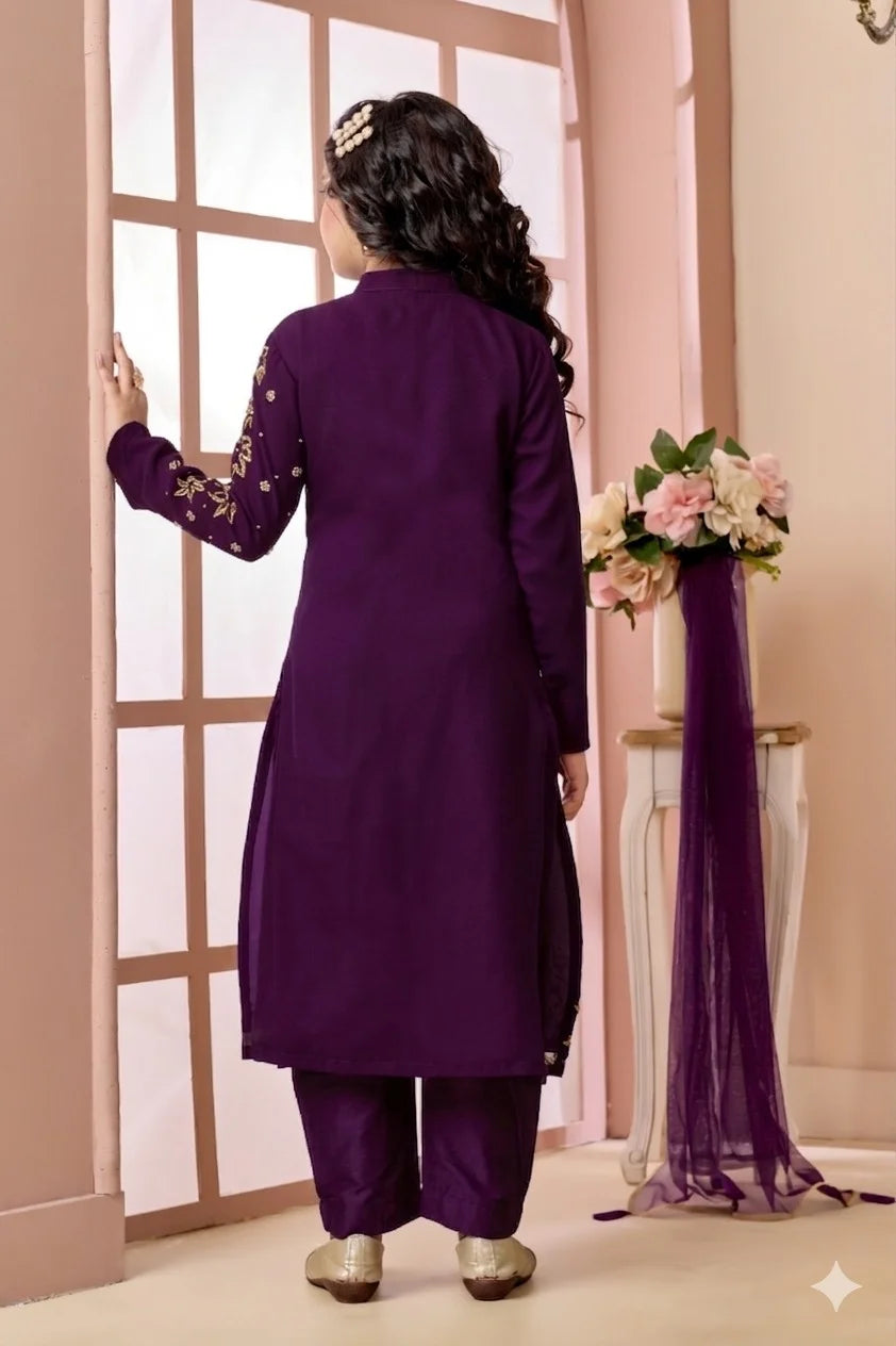 Purple Hand Embroidery Faux Georgette Straight Cut Kids Salwar Suits