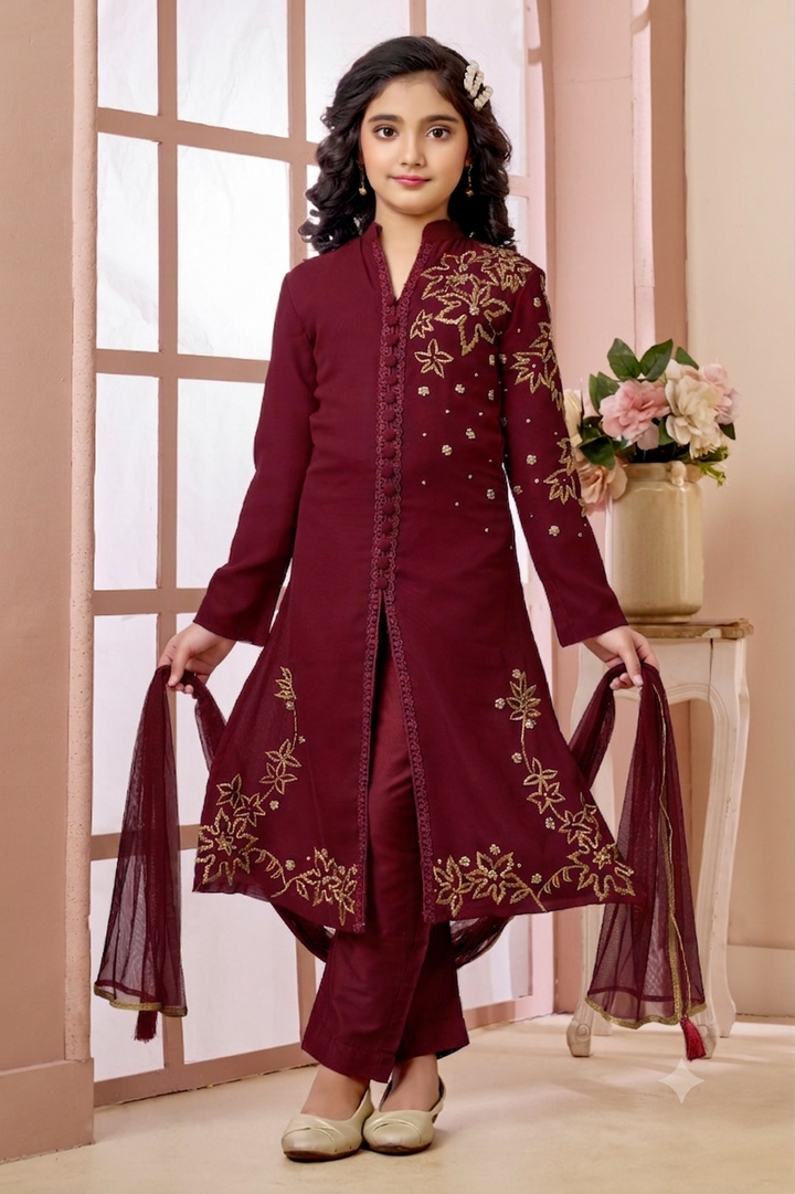 Maroon Hand Embroidery Faux Georgette Straight Cut Kids Salwar Suits