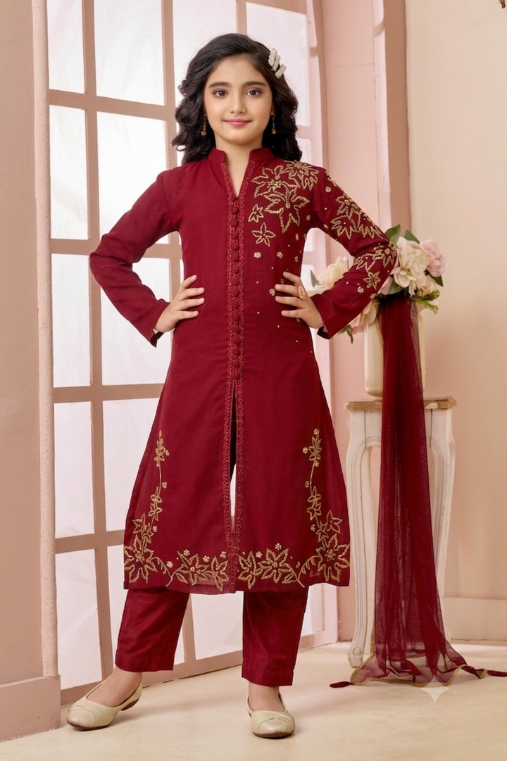 Red Hand Embroidery Faux Georgette Straight Cut Kids Salwar Suits