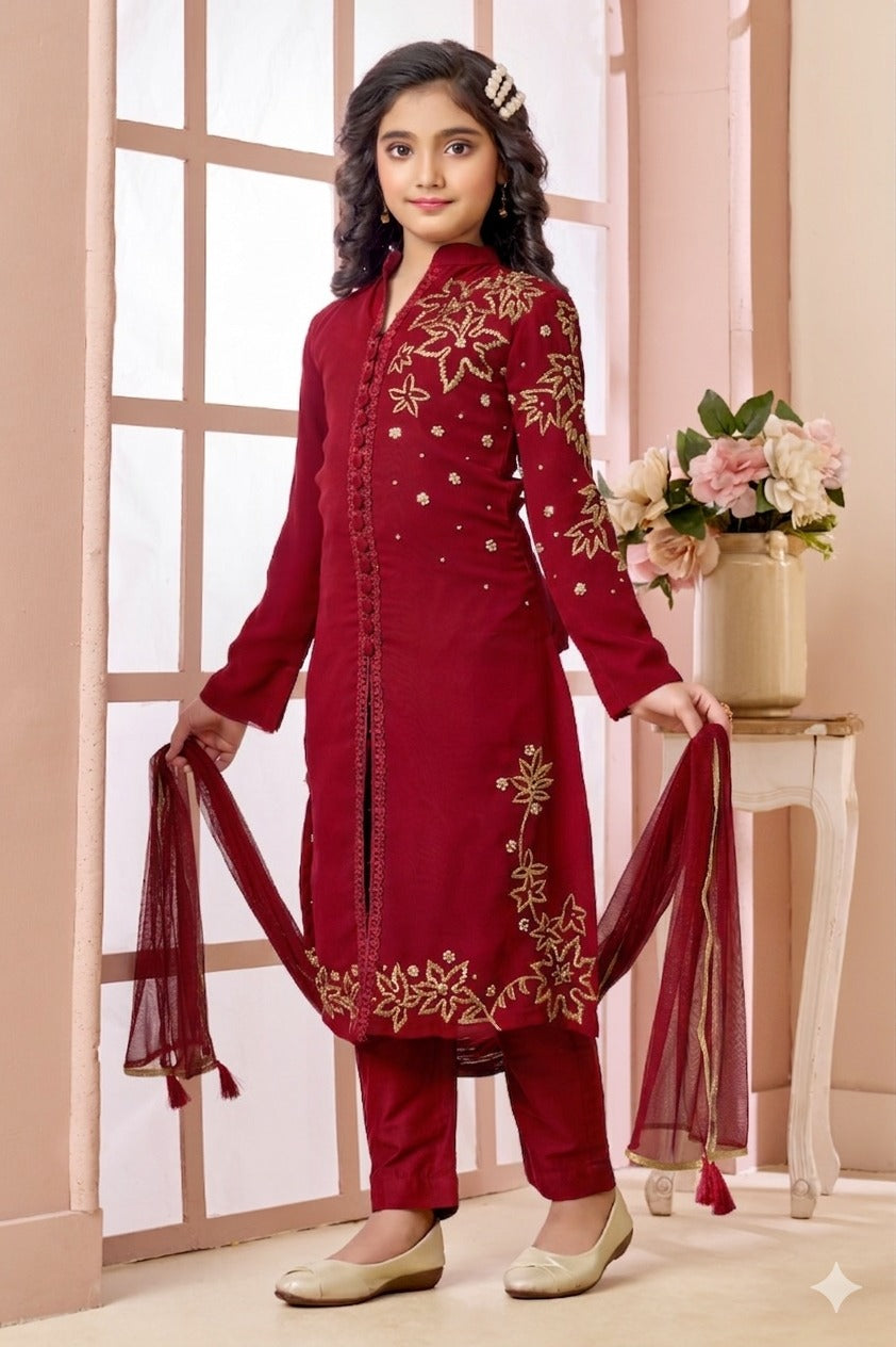 Red Hand Embroidery Faux Georgette Straight Cut Kids Salwar Suits