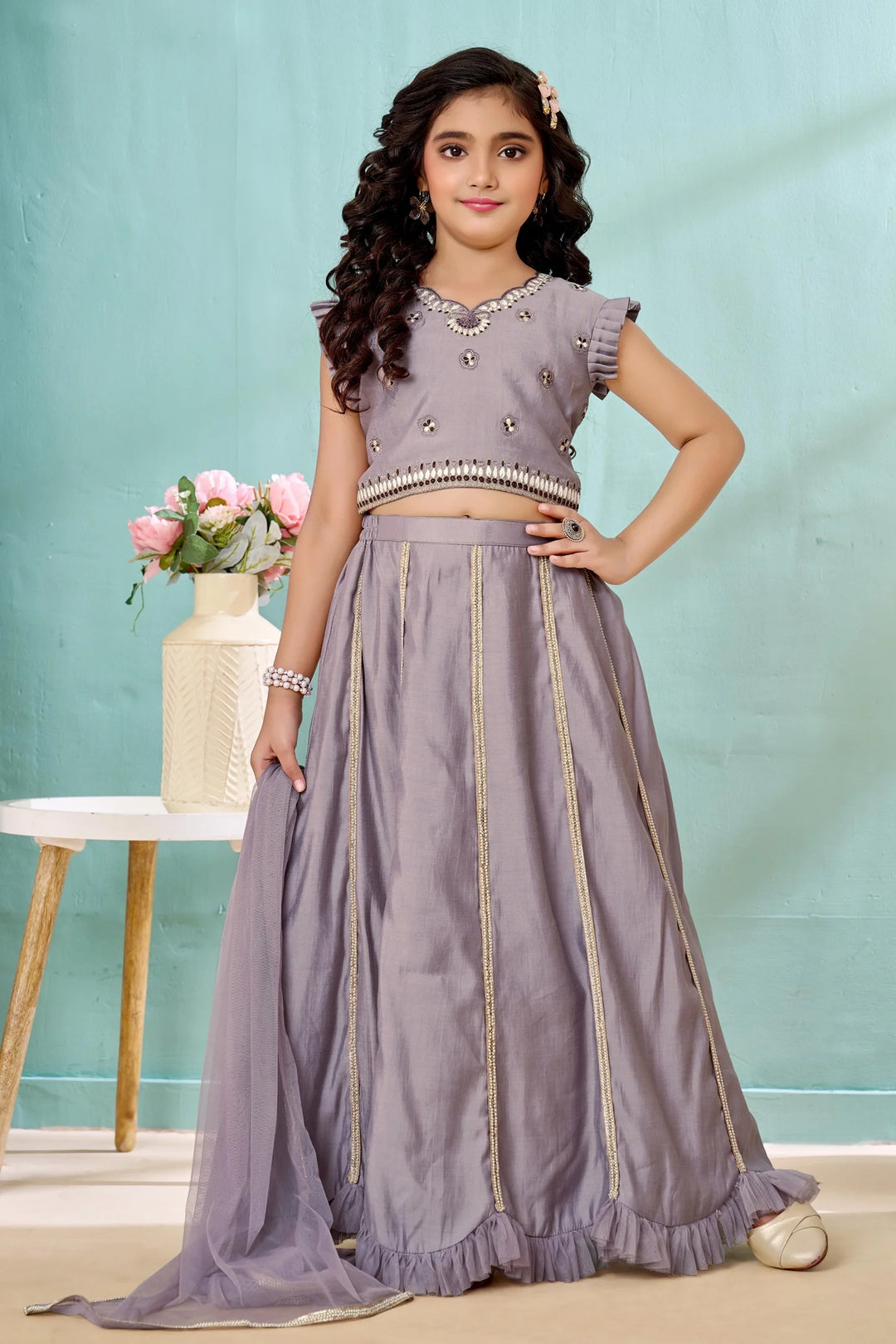 Grey Embroidered Art Silk A Line Lehenga Choli Dupatta
