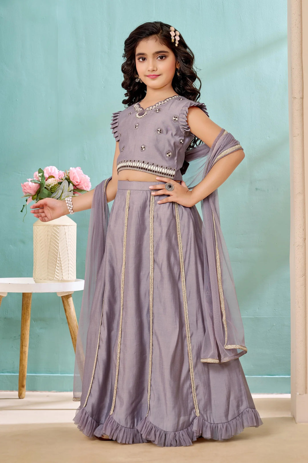 Grey Embroidered Art Silk A Line Lehenga Choli Dupatta