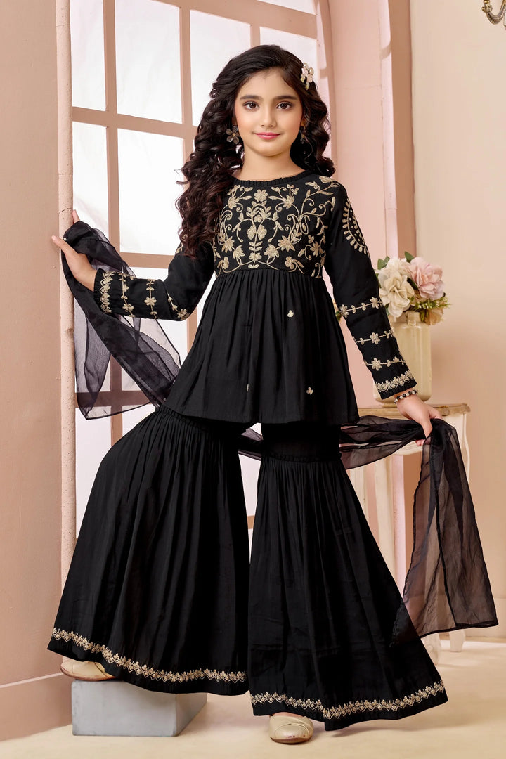 Black Embroidered Art Silk A Line Kids Salwar Suits