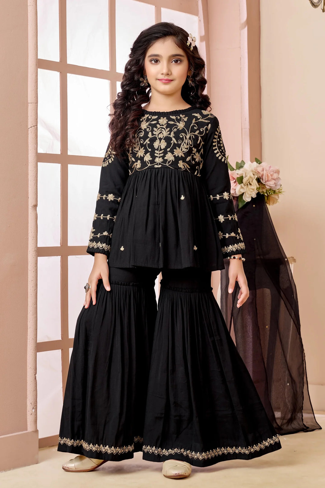 Black Embroidered Art Silk A Line Kids Salwar Suits