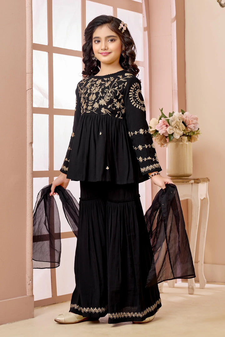 Black Embroidered Art Silk A Line Kids Salwar Suits