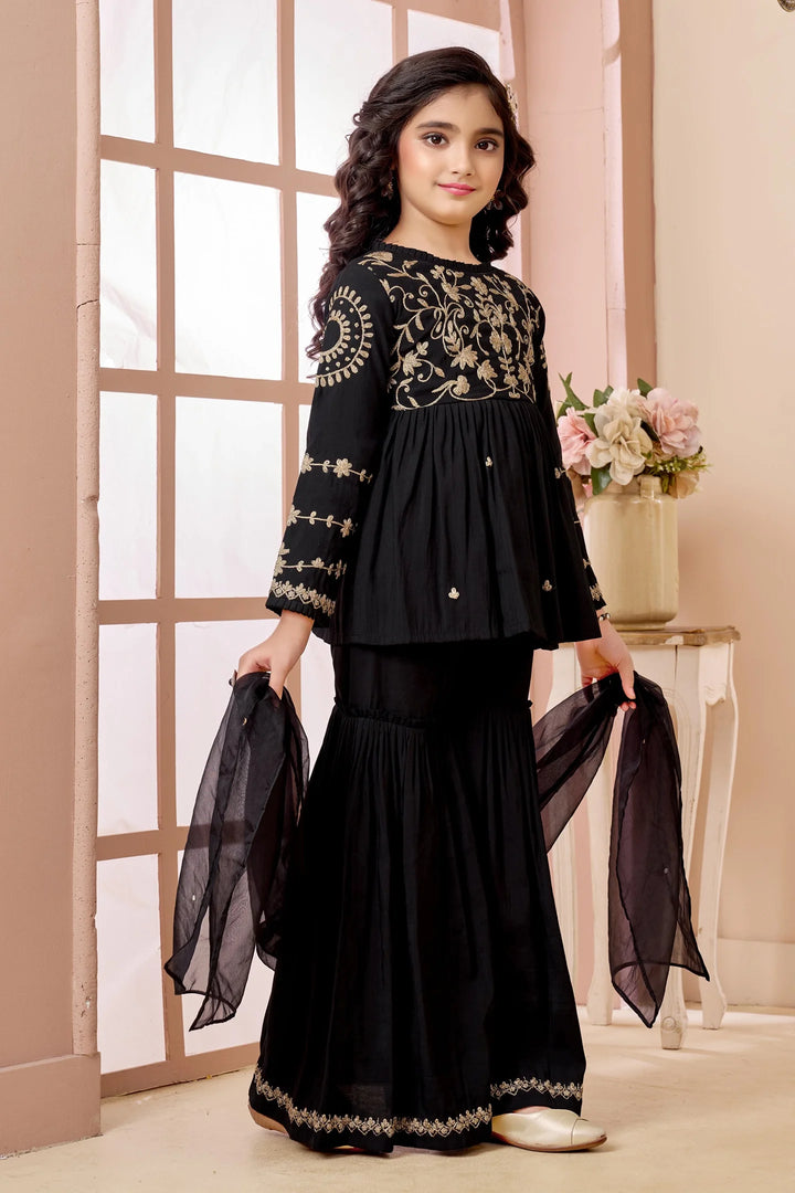 Black Embroidered Art Silk A Line Kids Salwar Suits