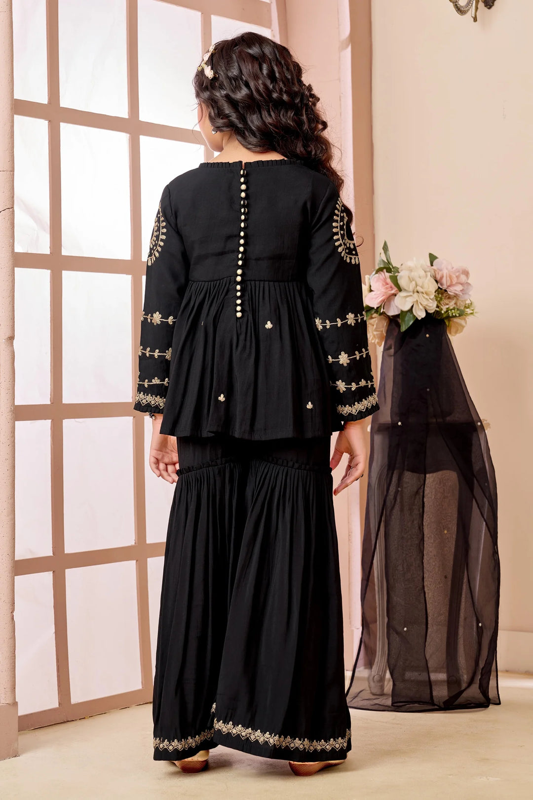 Black Embroidered Art Silk A Line Kids Salwar Suits