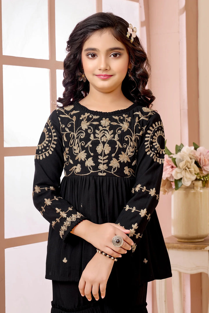 Black Embroidered Art Silk A Line Kids Salwar Suits