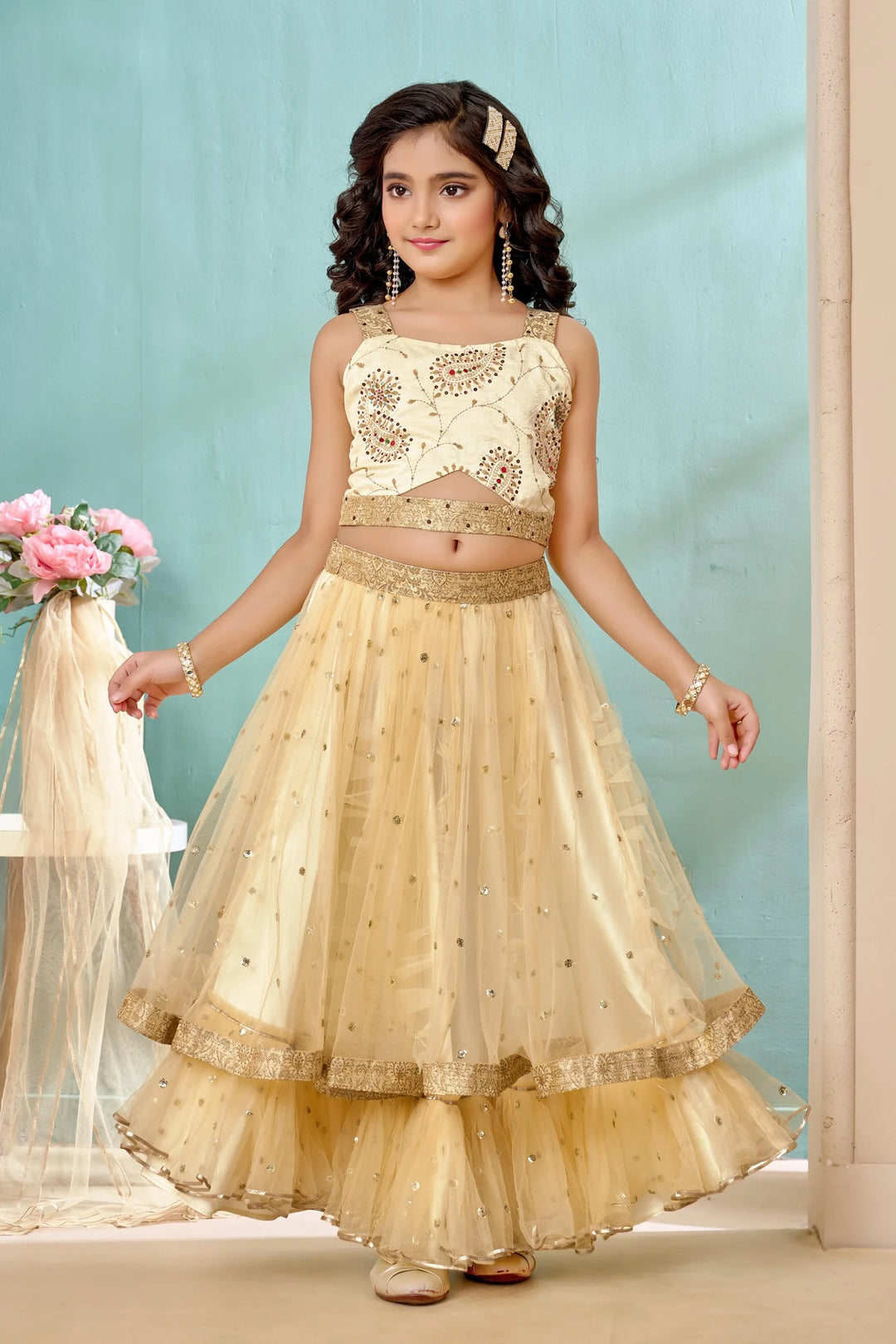 Cream Embroidered Art Silk A Line Lehenga Choli Dupatta