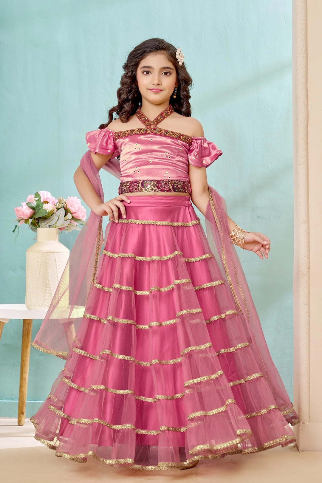 Pink Embroidered Satin A Line Lehenga Choli Dupatta