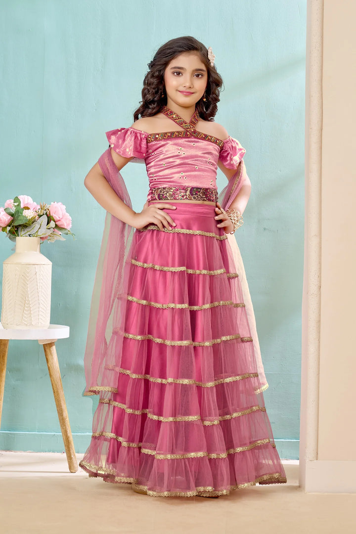 Pink Embroidered Satin A Line Lehenga Choli Dupatta