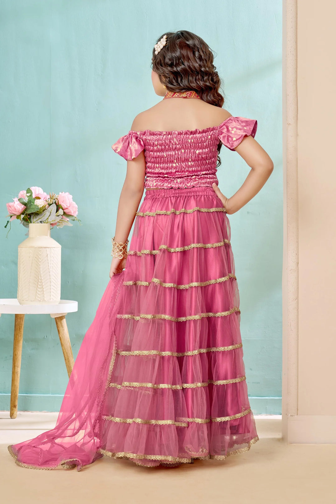 Pink Embroidered Satin A Line Lehenga Choli Dupatta