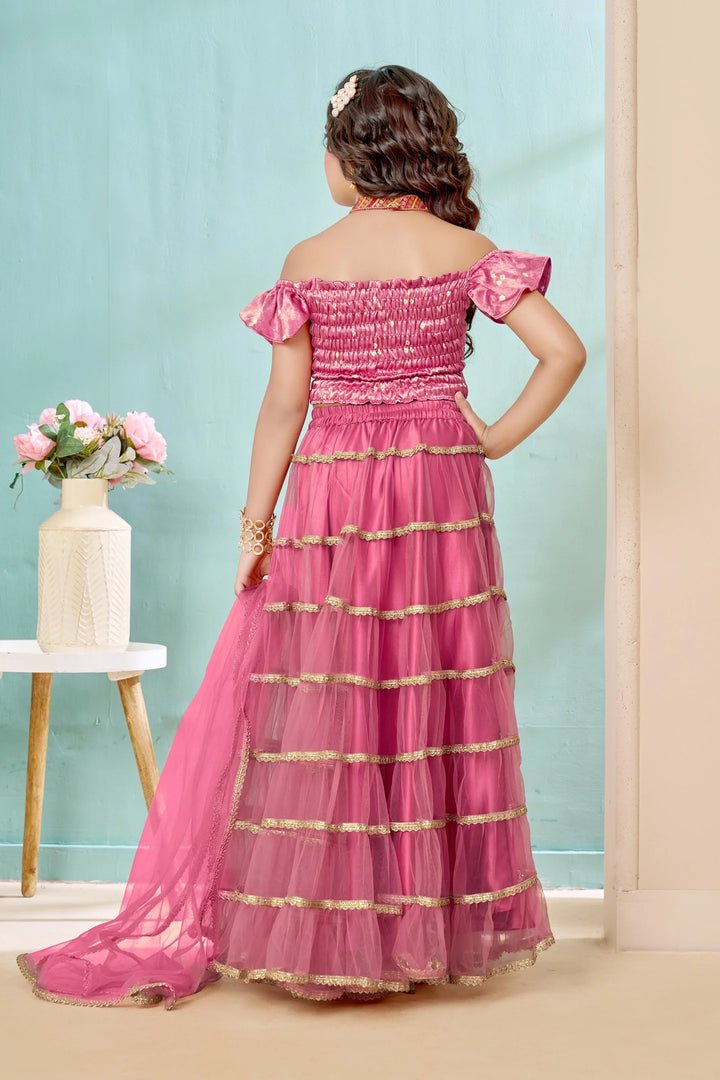 Pink Embroidered Satin A Line Lehenga Choli Dupatta