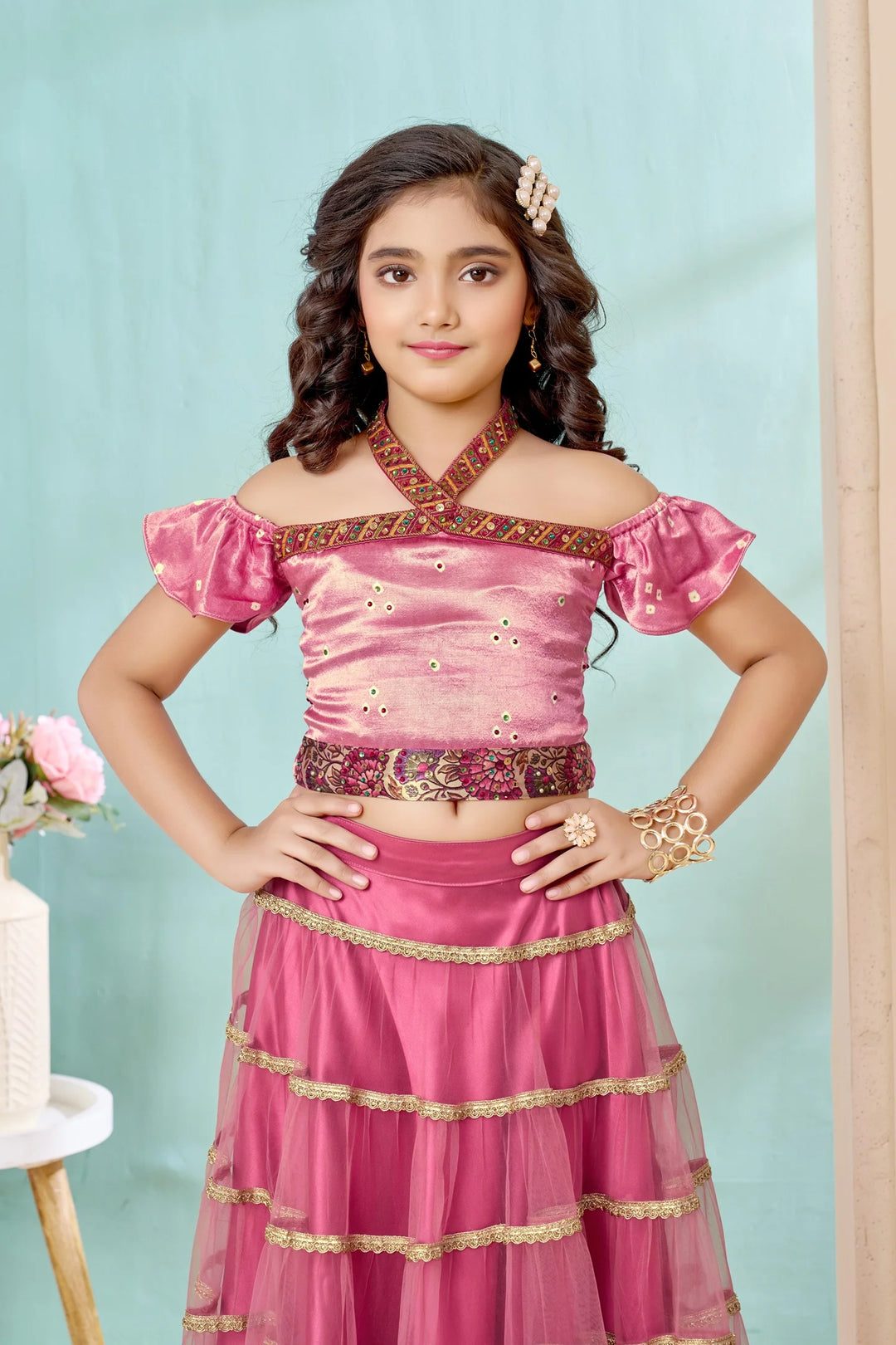 Pink Embroidered Satin A Line Lehenga Choli Dupatta