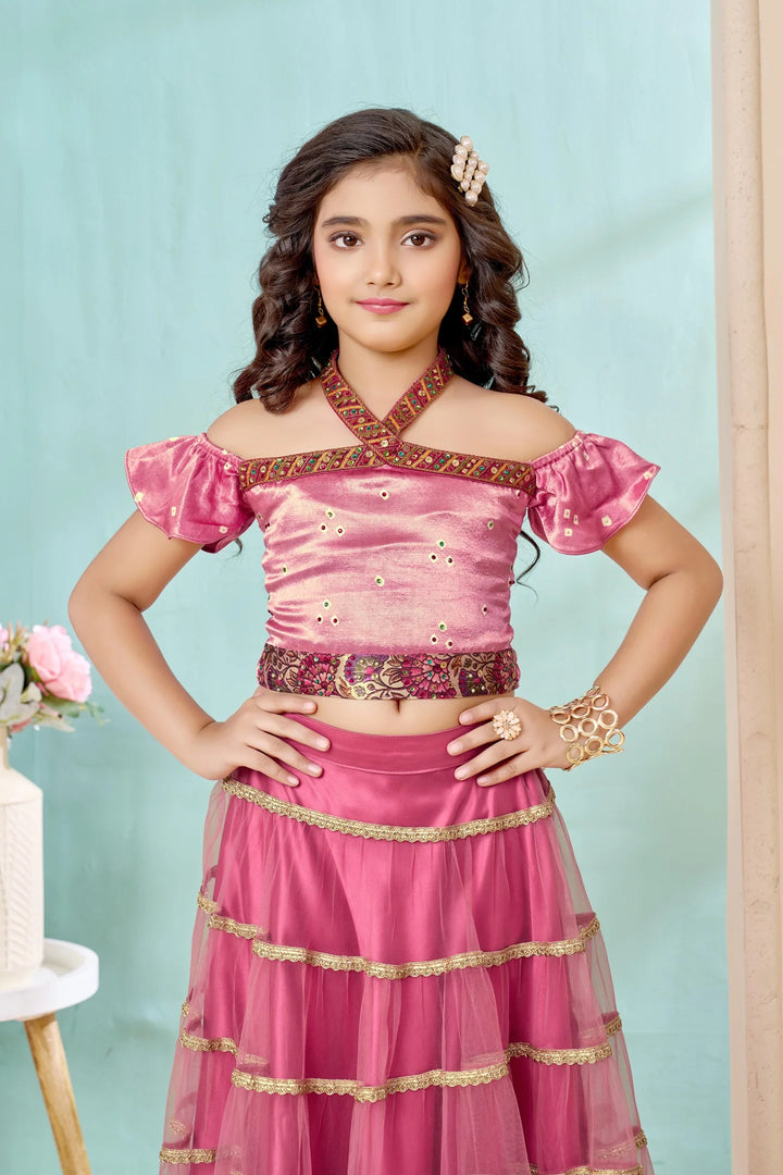 Pink Embroidered Satin A Line Lehenga Choli Dupatta
