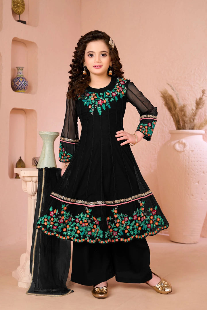 Black Embroidered Net Anarkali Kids Salwar Suit