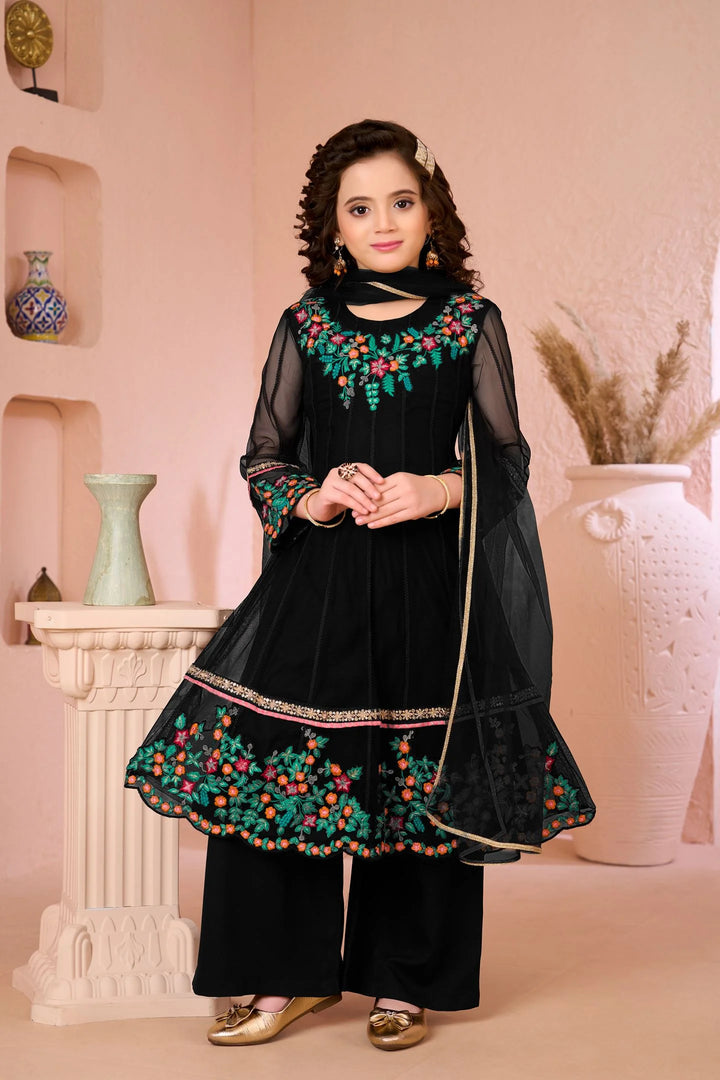 Black Embroidered Net Anarkali Kids Salwar Suit