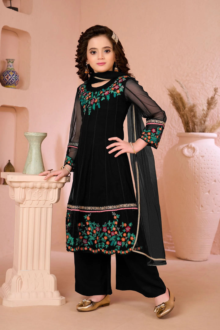 Black Embroidered Net Anarkali Kids Salwar Suit