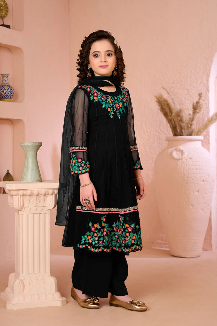 Black Embroidered Net Anarkali Kids Salwar Suit