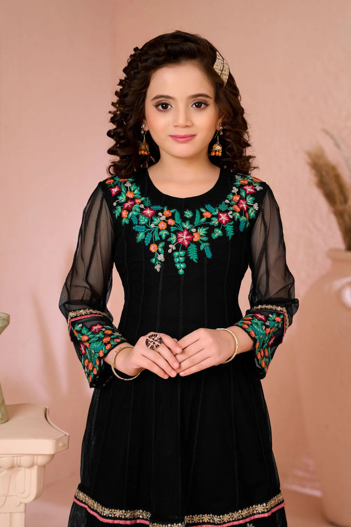 Black Embroidered Net Anarkali Kids Salwar Suit