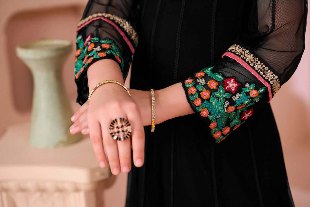 Black Embroidered Net Anarkali Kids Salwar Suit
