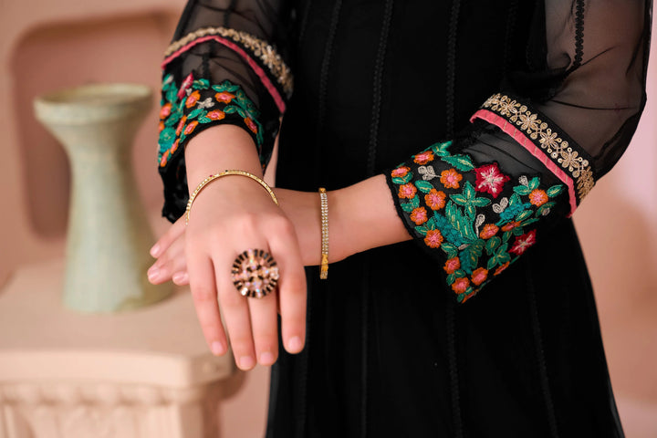 Black Embroidered Net Anarkali Kids Salwar Suit